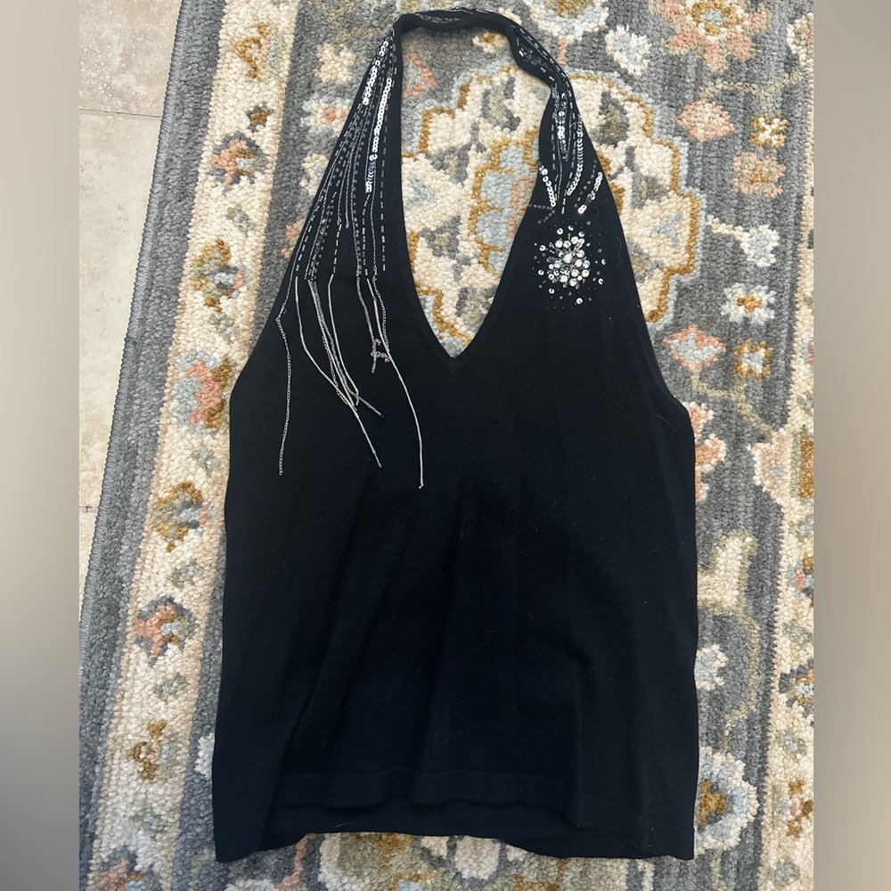 Stunning black knit halter sweater tank with beautiful silver accents sz LG